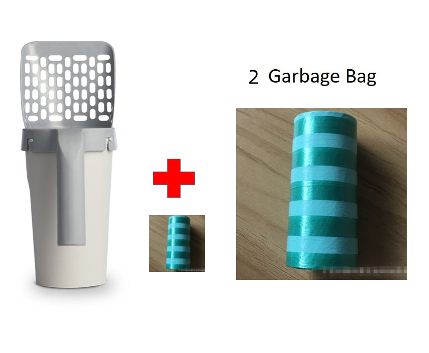 Set with scoop and integrated storage box for cat litter.
