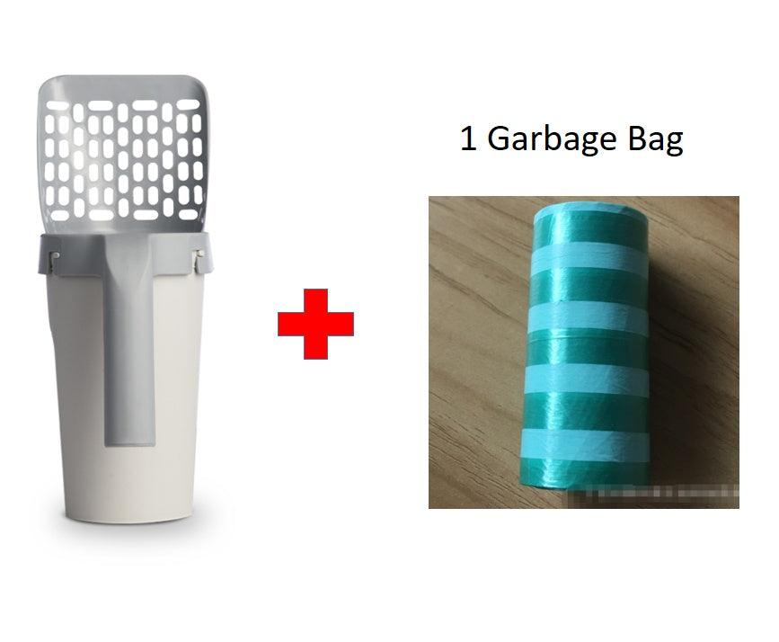 Set with scoop and integrated storage box for cat litter.